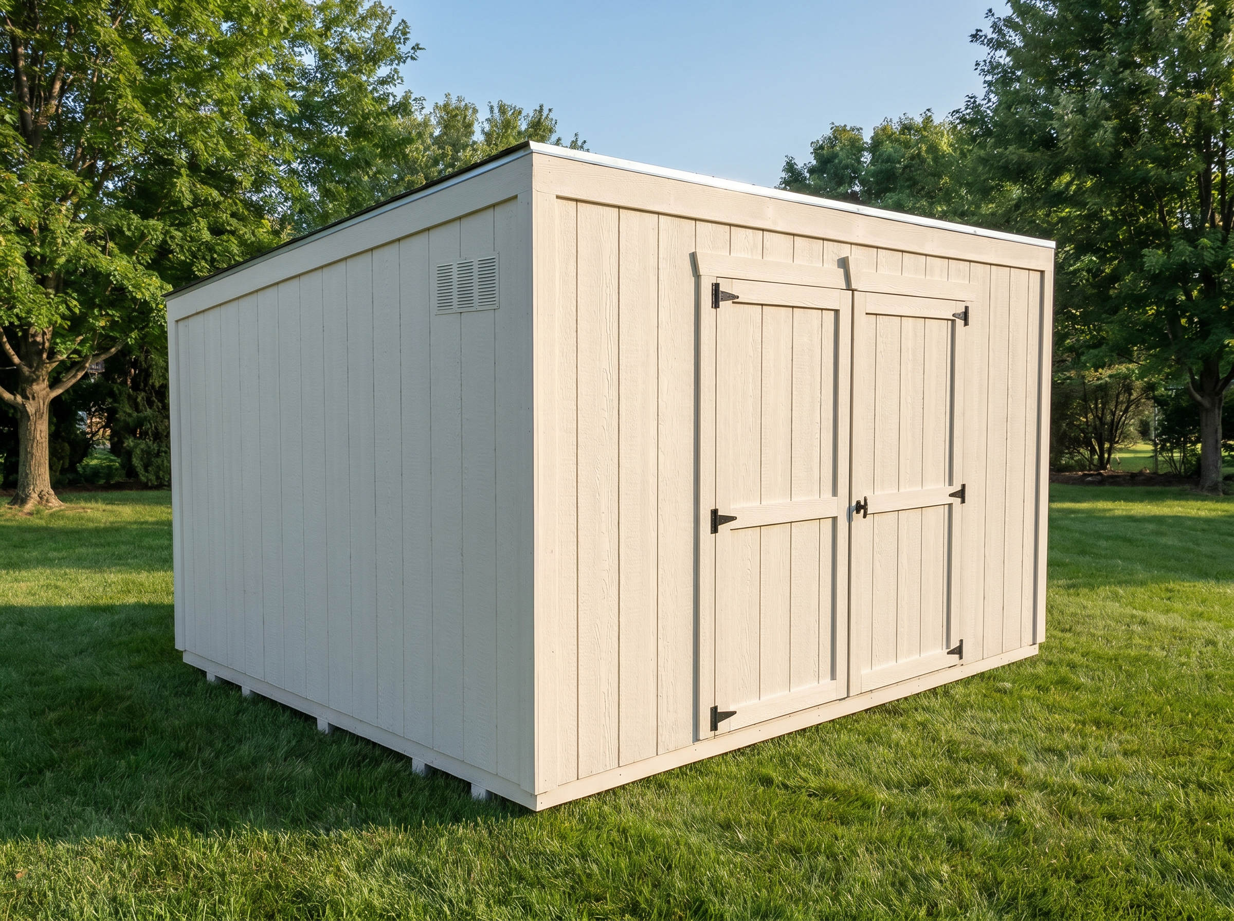 Lean To shed with single-slope roof, LP SmartSide siding, and double doors
